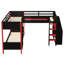 Lit mezzanine simple au-dessus de simple en L avec bureau, tablettes et DEL, noir et rouge