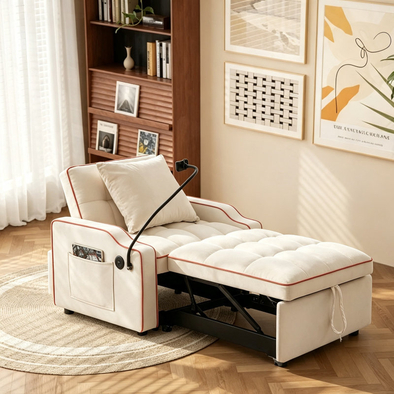 Fauteuil futon rembourré à dossier coussiné 35,43 po Harrsion, Velours blanc crémeux