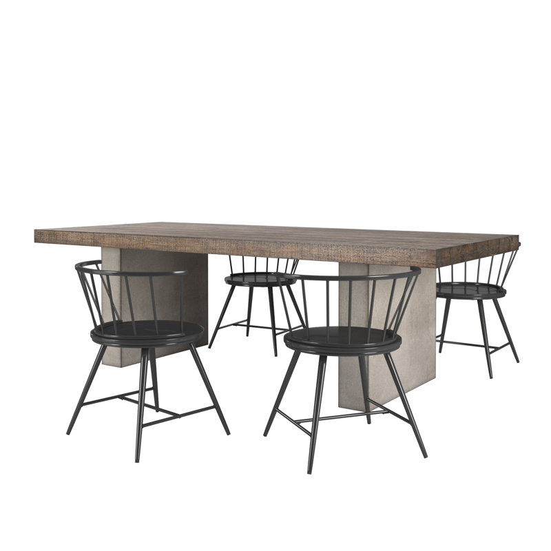Cadena Reclaimed Finish Wood Top With Concrete Veneer Base Dining Table And Low Back Windsor Chairs Set - Dining Table And 4 Chairs