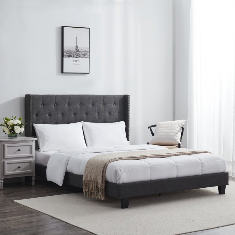 Nestl Wingback Diamond Upholstered Platform Bed, Gray, King