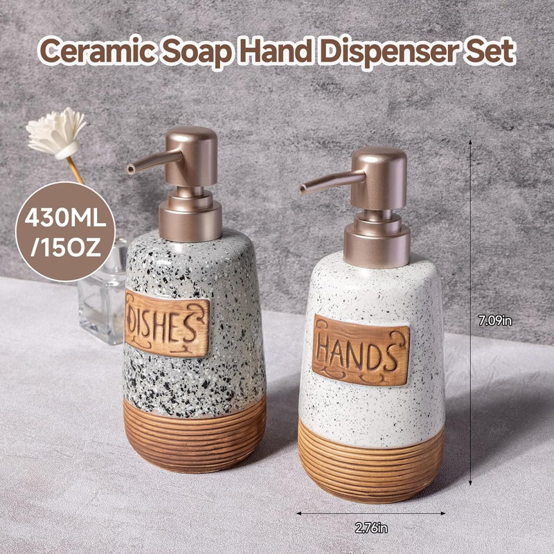 Hand and Dish Soap Dispenser Set, Farmhouse Ceramic Soap Dispenser for Kitchen Sink, 15 OZ Vintage Hand Wash Liquid Dispenser
