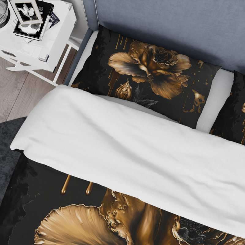 Ensemble de housse de couette Gladiolus III - Floral Gladiolus - noir et doré - microfibre de polyester