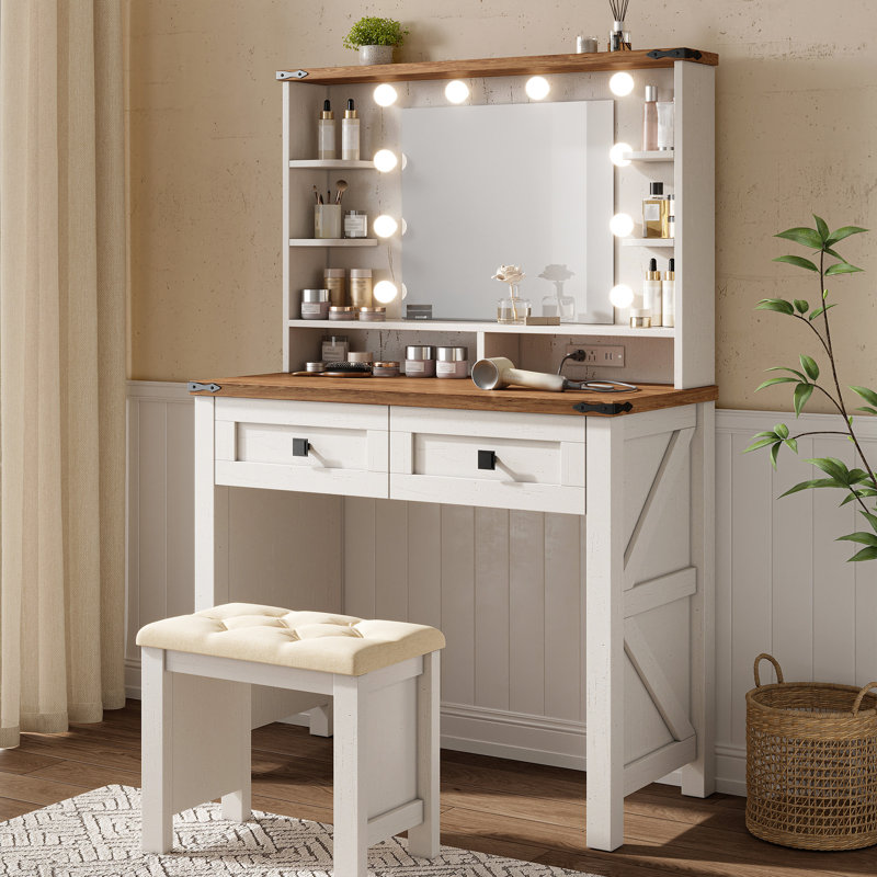Vanity Desk With Mirror And Lights 31.5" W Farmhouse Makeup Vanity Desk With Charging Station And 2 Drawers & Shelves 3 Color Modes Adjustable, Stool Not Included