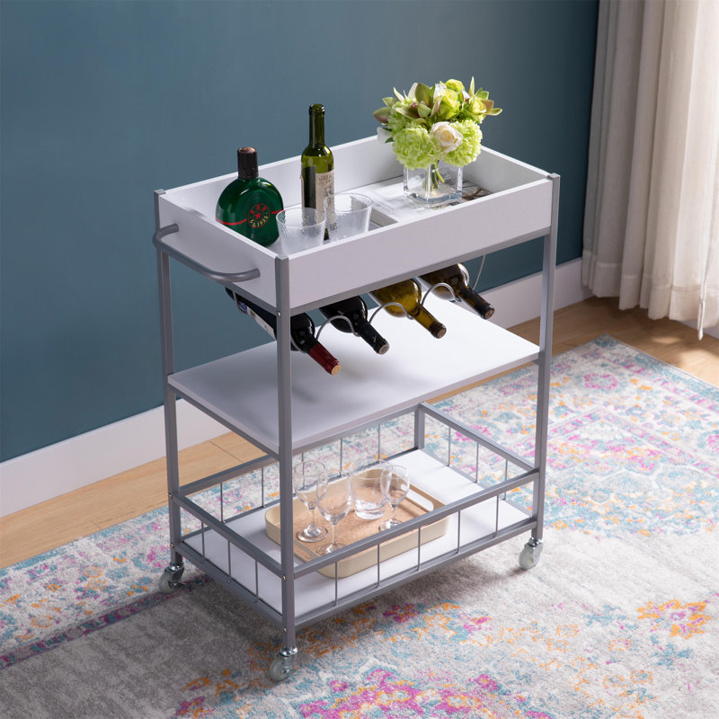 Chariot de cuisine roulant avec rangement à trois niveaux et support à quatre bouteilles de vin - métal blanc et argent