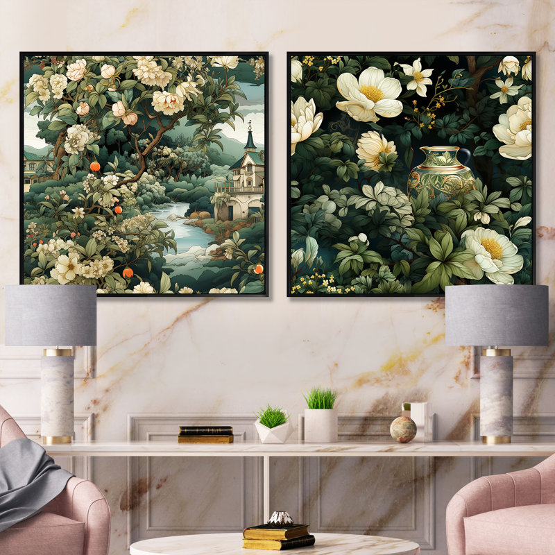 Enchanted Garden Scenes - motif victorien - ensemble de collage floral carré de 2, Cadre flottant noir, H 16 po x l 33 po