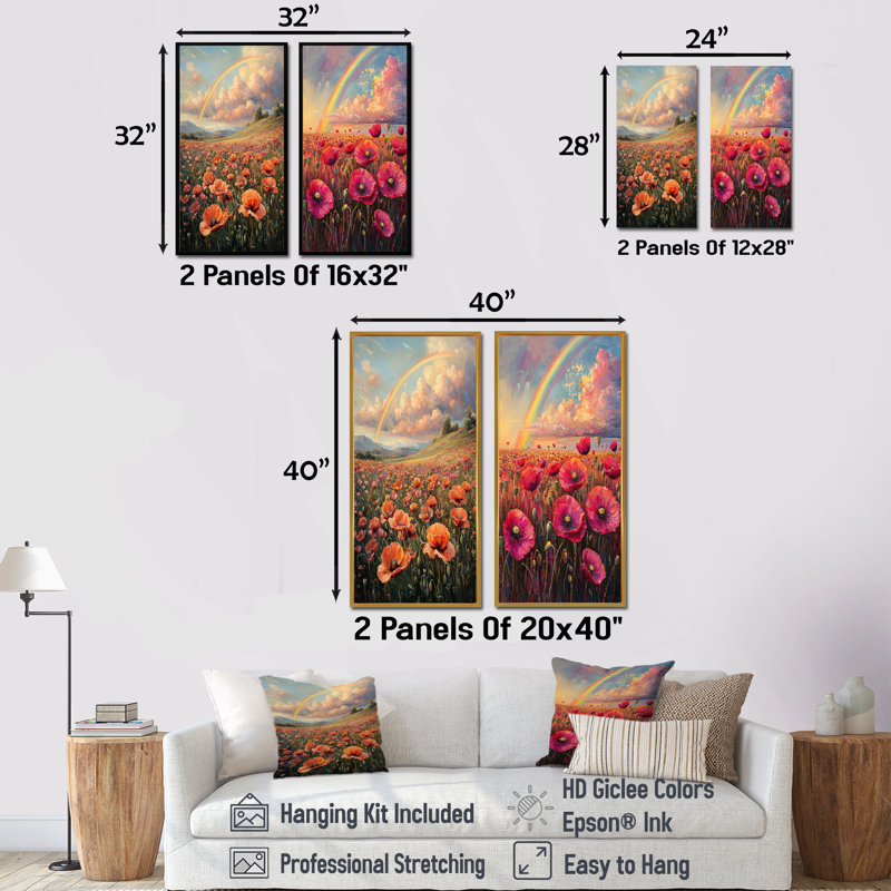 Rainbow Over The Poppy Fields I - Collection d'art sur toile 2 panneaux, H 40 po x l 41 po, Cadre flottant brun