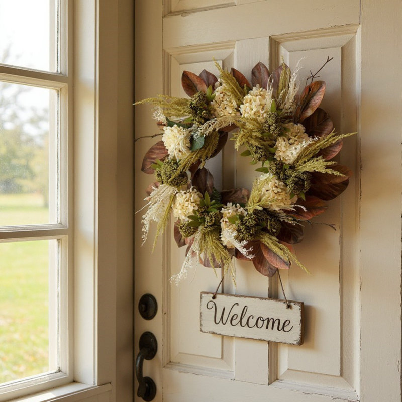 27'' Fall Wreath with Hydrangeas and Pampas