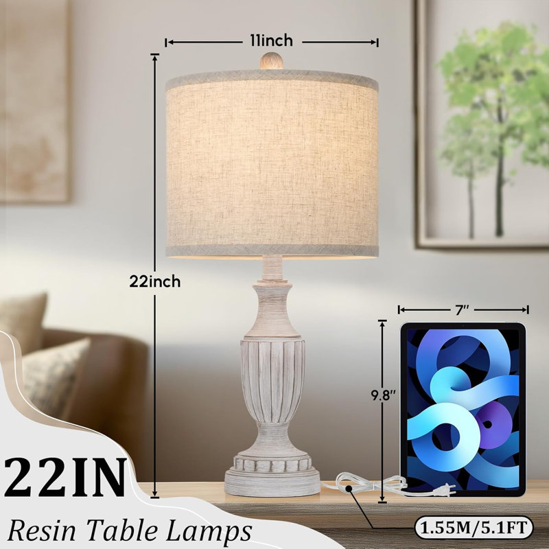Farmhouse Living Room Table Lamps Set Of 2, Grey Rustic Vintage Table Lamps For Bedroom Nightstand, Gray