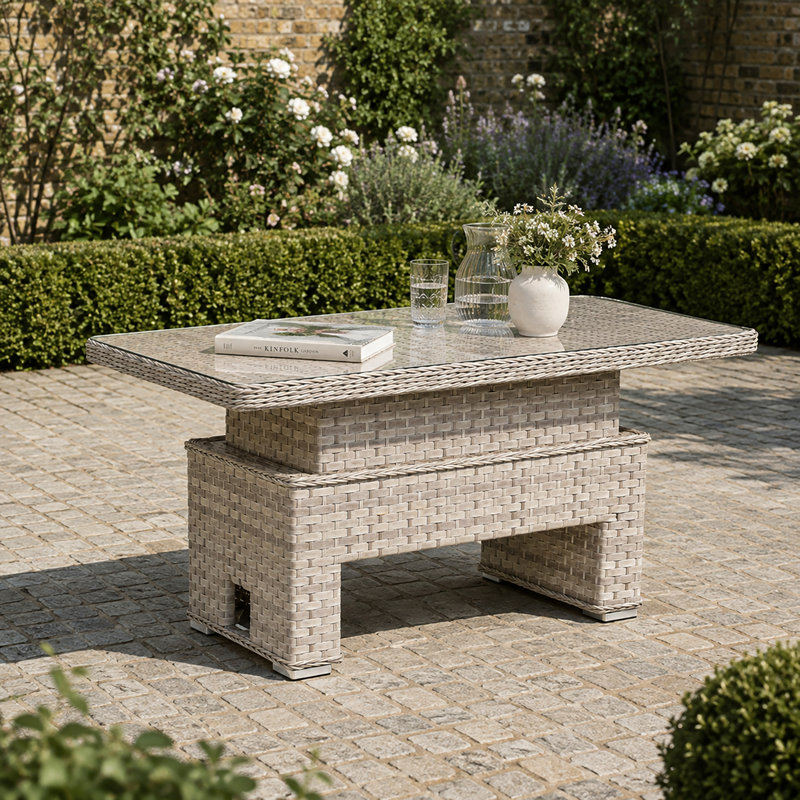 Table basse d'extérieur rectangulaire en résine tressée, hauteur réglable, plateau en verre, 145 cm de large