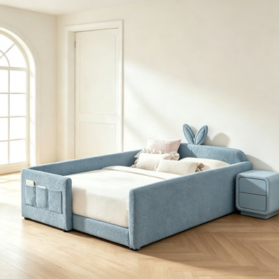 Full Size Cute Rabbit Ear Boucle Platform Bed with Safety Rail & Side Pocket