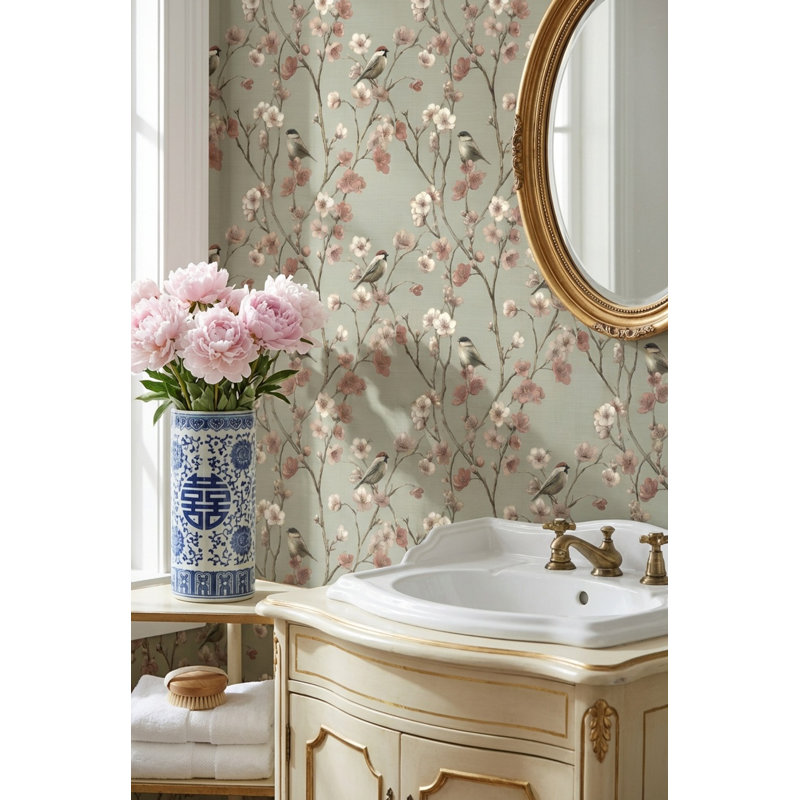 Papier peint rétro à motif floral oiseaux, Peler et coller