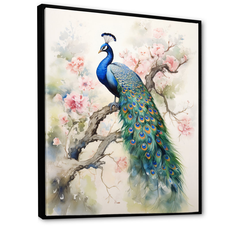 «Badrulla Blue Ink Wash Peacock I», reproduction d'art sur toile, H 44 po x l 34 po, Cadre flottant noir
