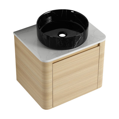 Meuble-lavabo mural de 24 po avec lavabo d'art en céramique, charnières à fermeture douce, 45 poignées à bord incliné, base en contreplaqué, dalle de pierre blanche, style raffiné et pratique