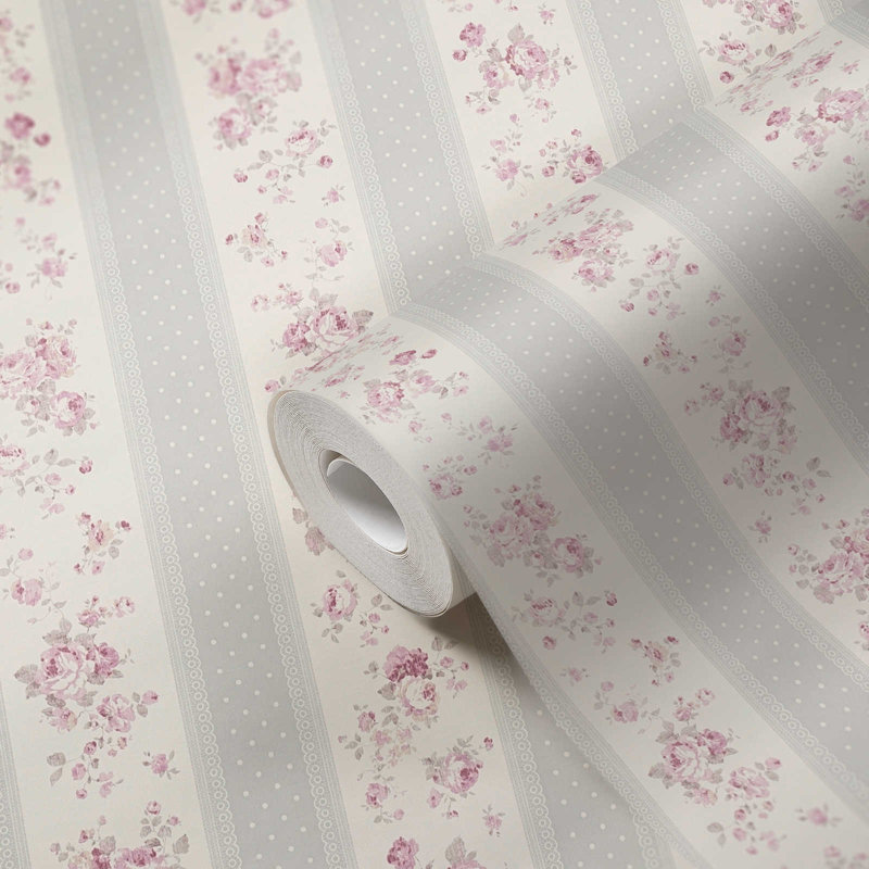 Maison Charme Vintage Rose Stripe Motif 10.05m x 53cm Wallpaper Roll, Grey