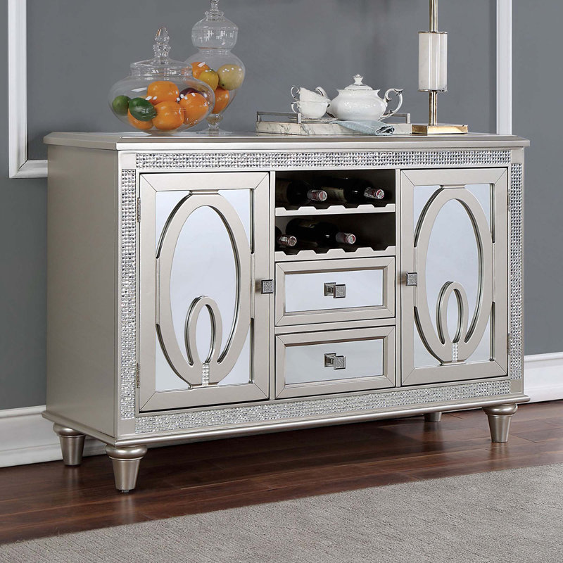 Buffet contemporain 1 pièce avec 2 tiroirs de rangement, carreaux de miroir et fabrication en bois massif
