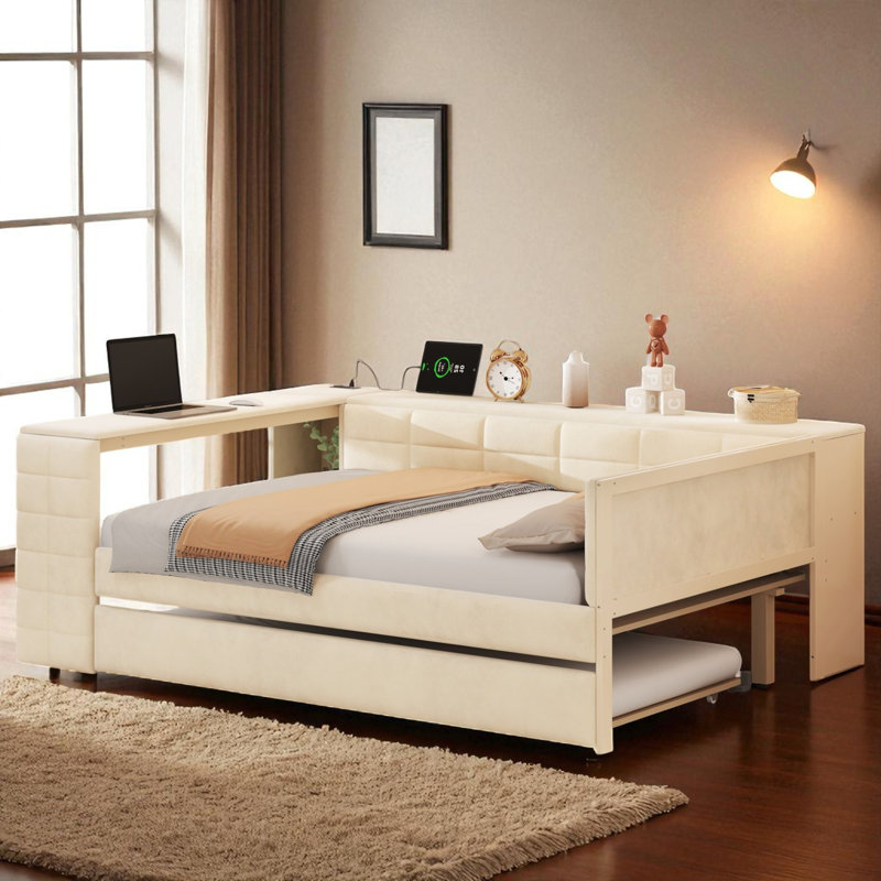 Full Upholstered Daybed With Trundle, Charging Station And Storage, Beige