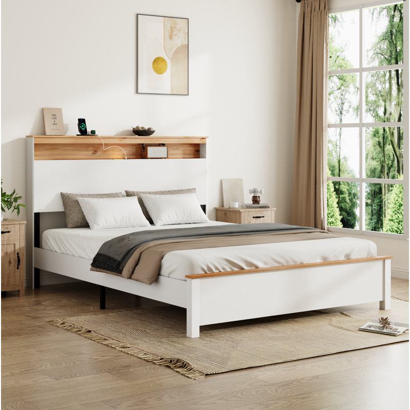 QUEEN BED STAND WITH CHARGING STATION ALL-WOOD BED FRAME: This rustic farmhouse bed frame with storage headboard and built-in charging station is simple to install and easy to operate, classic white