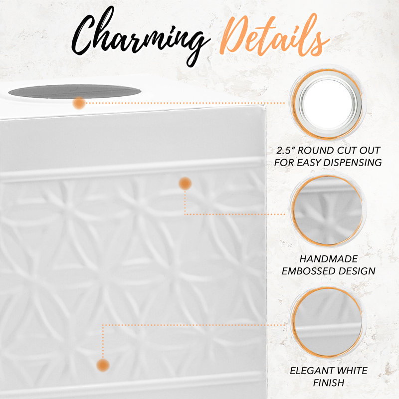 Glossy White Embossed Metal Square Tissue Box Cover
