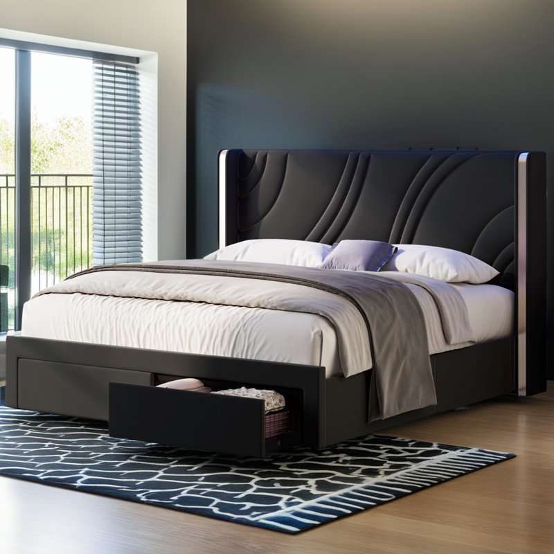 Structure de lit à DEL grand en velours noir - Lit plateforme tapissier moderne avec éclairage RVB, tête de lit à oreilles et tiroirs de rangement, aucun sommier nécessaire