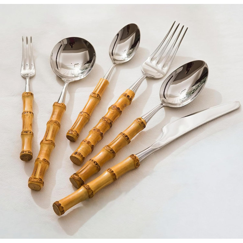 Ensemble de couverts 6 pièces en bambou et en acier inoxydable - Couverts durables en acier inoxydable 304 avec poignées en bambou naturel pour la cuisine, la maison, le mariage et les repas en plein air