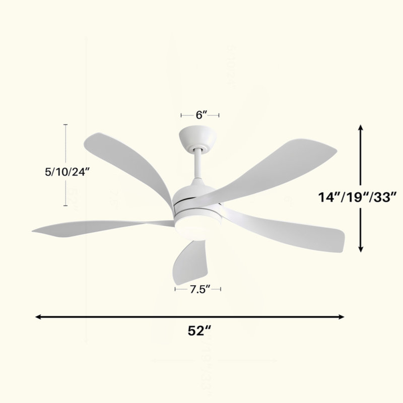 Ventilateur de plafond moderne de 52 pouces avec 5 pales en ABS, moteur à courant continu réversible, télécommande, blanc pour chambre à coucher