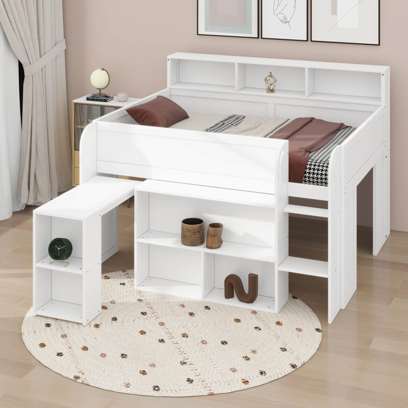 Full Size Loft Bed With Multiple Shelves And Desk, Wooden Loft Bed With LED And Storage Headboard, White