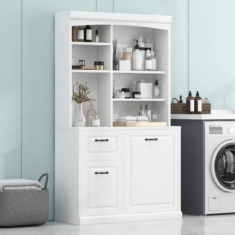 Armoire de rangement pour salle de bain avec panier inclinable, rangement autoportant avec tablettes réglables, tour en bois aggloméré avec poignées en acier