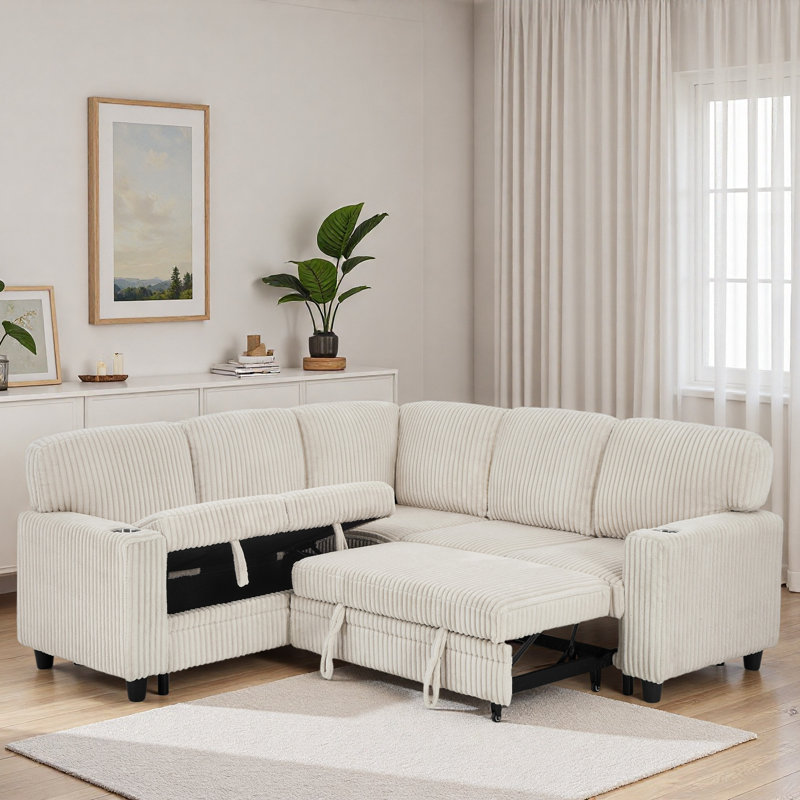 L-shaped Sectional Sofa Bed With Pull-out Bed, Storage, Usb Charging And Cup Holder, Beige Corduroy