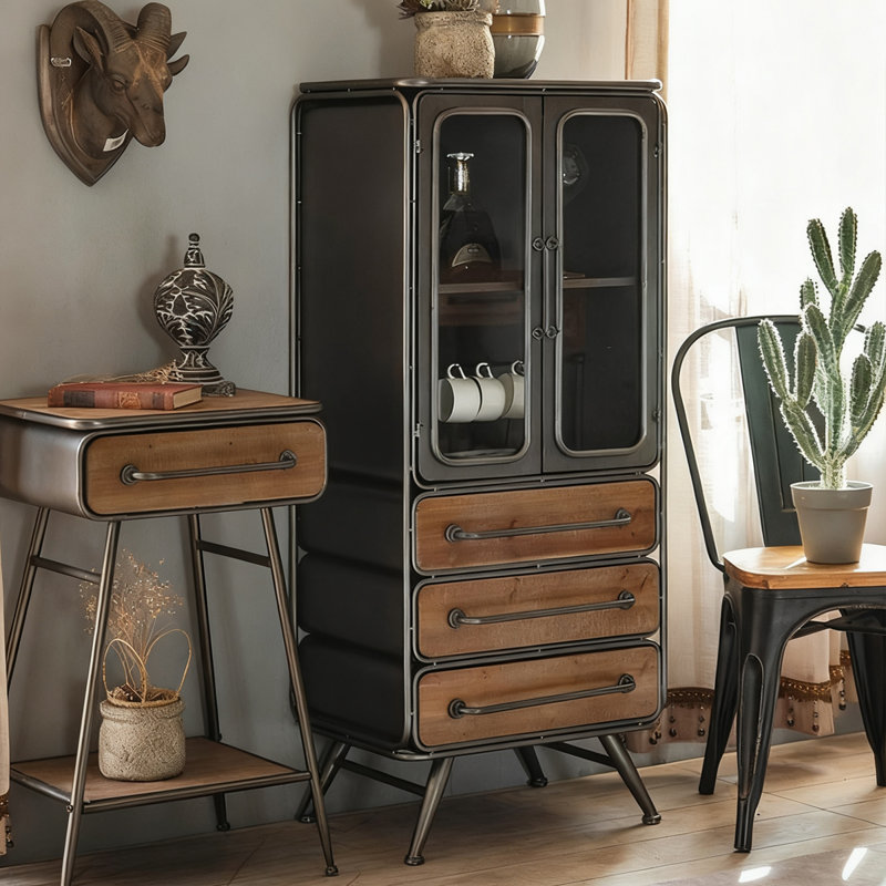 Noir + bois massif brun-noisette + fer + vitrines, Noir / brun noix