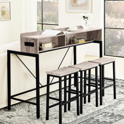 Console 59 po avec 3 tabourets, prise de courant, ambiance à DEL et fonction de rangement, faite de matériaux de haute qualité, pour la cuisine de la salle à manger Mobilier de bar 4 pièces: cadre de 59 pouces, cuisine, salon