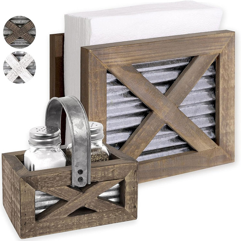 Ensemble de porte-serviette rustique en bois et poivre et sel, Brun