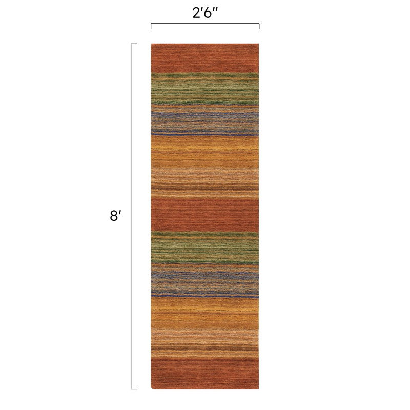 Tapis rouge / orange / vert en laine touffeté à la main Brushstroke, Tapis de couloir 2 pi 6 po x 8 pi