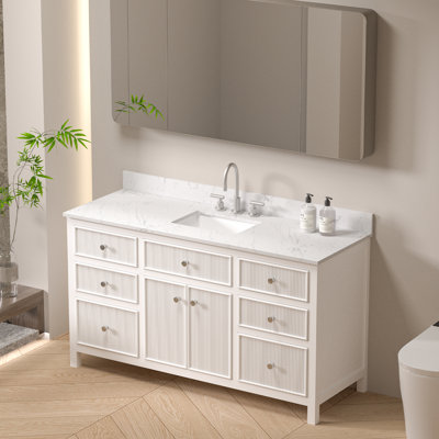 Ensemble de meuble-lavabo sur pied 60 po avec comptoir et dosseret en pierre d'ingénierie Modura