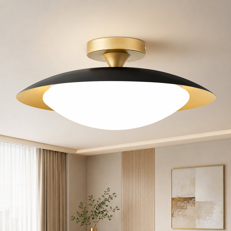 Plafonnier semi-encastré à DEL Mid-Century moderne avec télécommande à intensité variable 5CCT 2700K-6500K noir et or 15,7 po pour plafonnier de couloir de cuisine