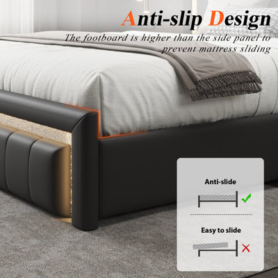 Queen upholstered Platform Bed with Vertical Block Design Headboard, 4 Sliding Storage Drawers，RGB LED Light & Charging Station, Easy to Assemble, Black