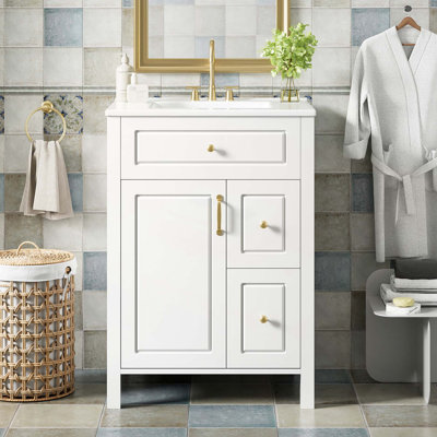 24-Inch Bathroom Vanity with Ceramic Sink, Soft Close Door and Drawers, Double Storage Racks, and Elegant Design