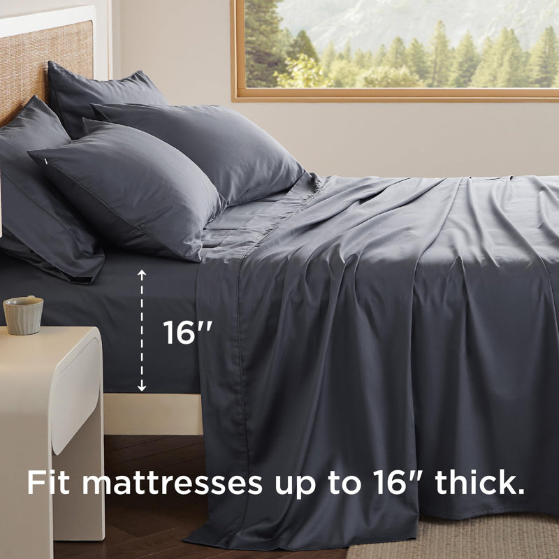 Draps 100% coton de literie - 6 pièces de draps en coton tissé en satin de coton, Gris
