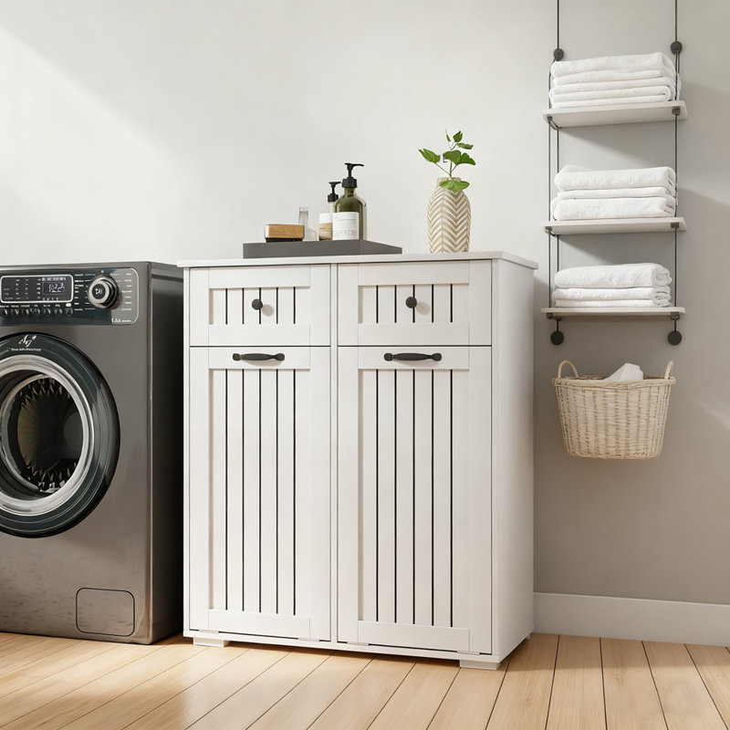 Laundry Cabinet With 2 Removable Baskets And 2 Drawers, Perfect For Organized And Efficient Laundry Storage.