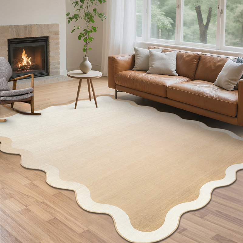Tapis festonnés lavables pour le salon, la chambre et la salle de bain, Beige, Rectangle 10' x 13'