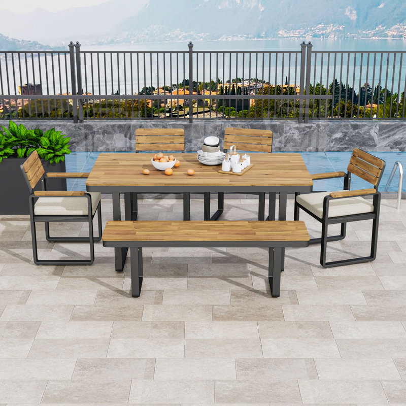 Wooden Outdoor Dining Set with Bench, Chairs and Cushion, Beige