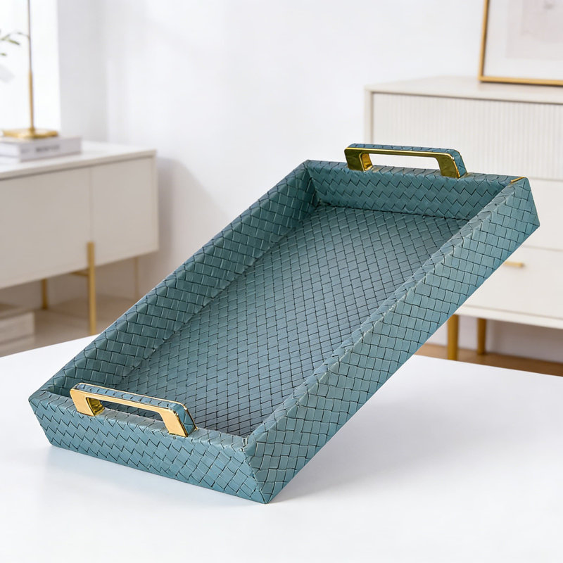 Large Rectangular Leather Serving Tray With Gold Metal Handles For Ottoman Coffee Table, Decorative And Multifunctional Home Decor Tray