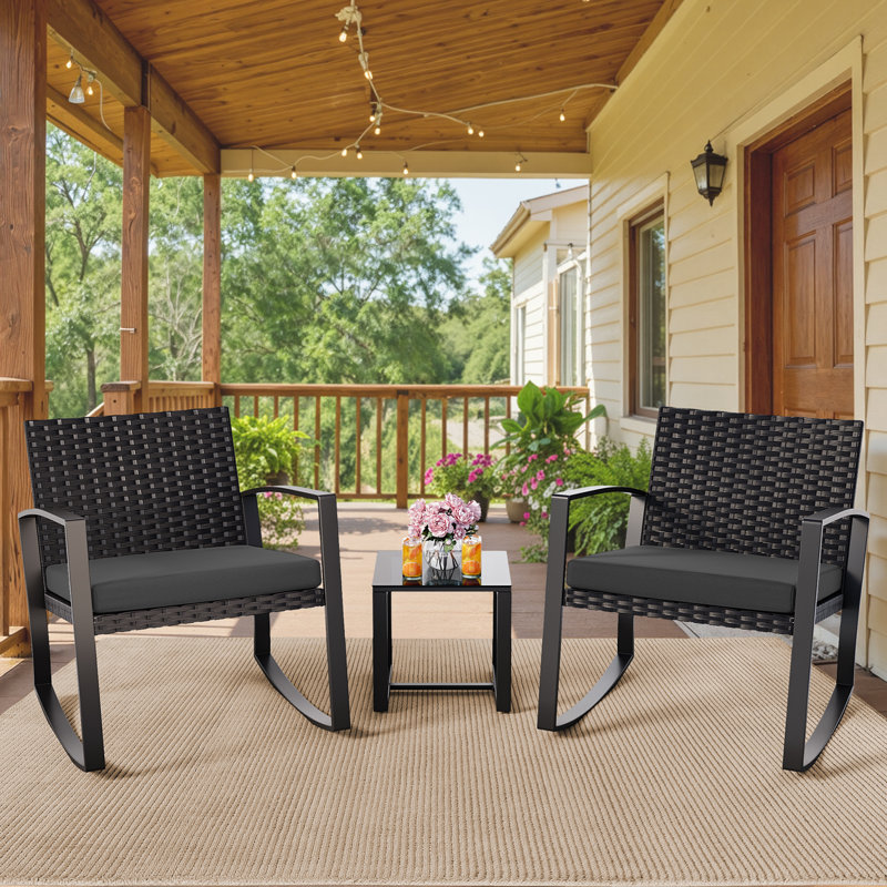 Ensemble 3 pièces de chaises berçantes d'extérieur avec coussins, ensemble de conversation de patio avec table basse, Noir