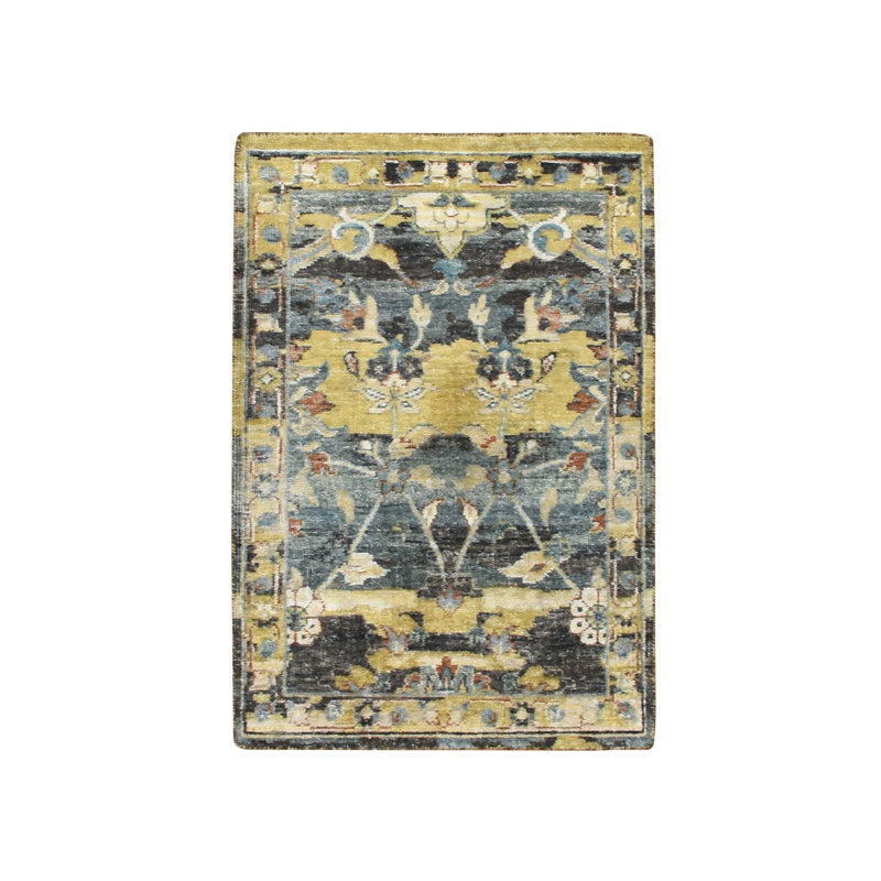 Tapis oriental 2 pi x 3 pi 3 po bleu, jaune, motif persan Abrash, 100% laine, noué à la main, rasé à poils courts, zéro tapis, tapis, échantillon, tapis oriental