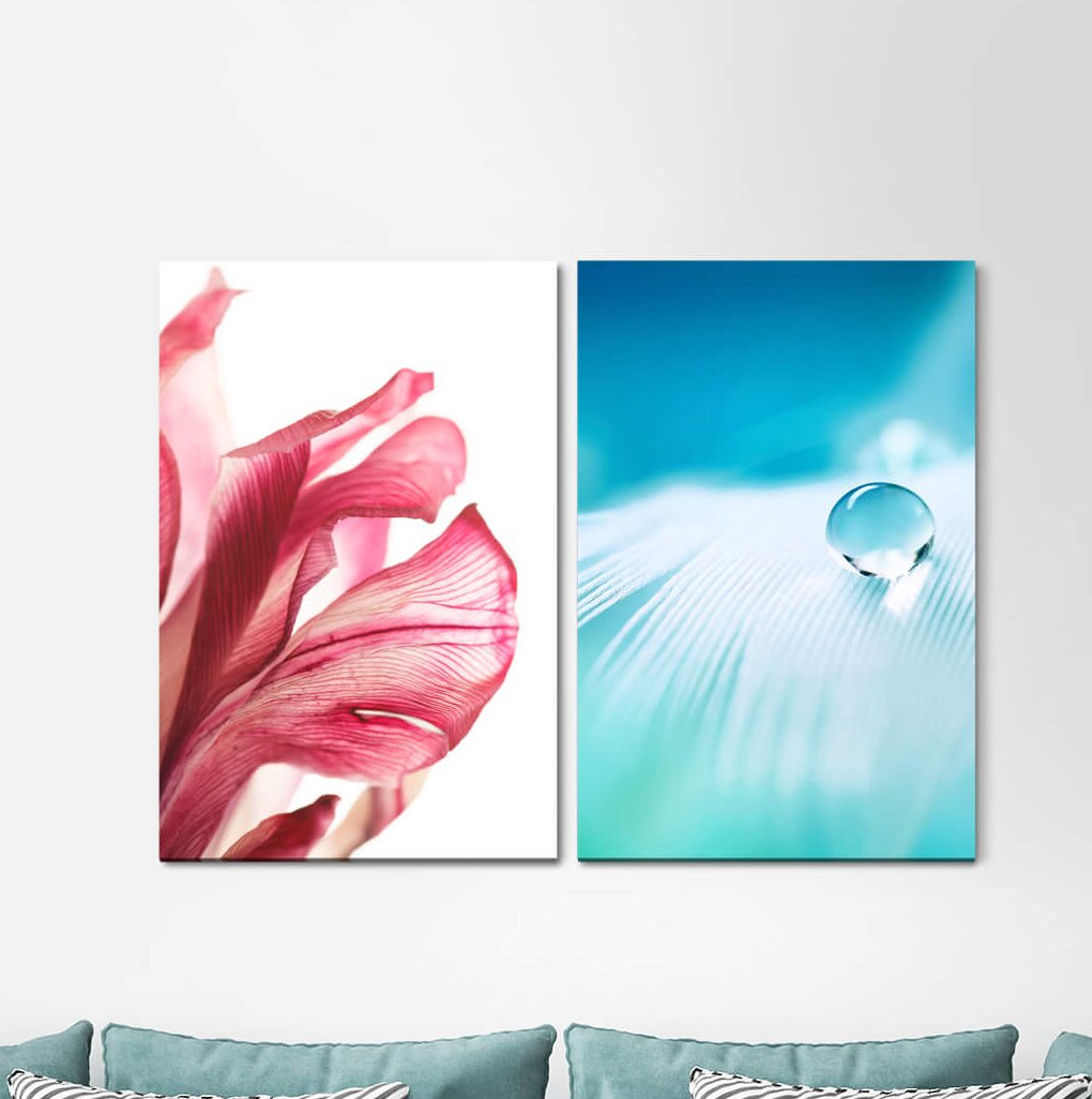 2-tlg. Leinwandbilder-Set - Grafikdruck „Red Blossom White Feather Drop Blue”