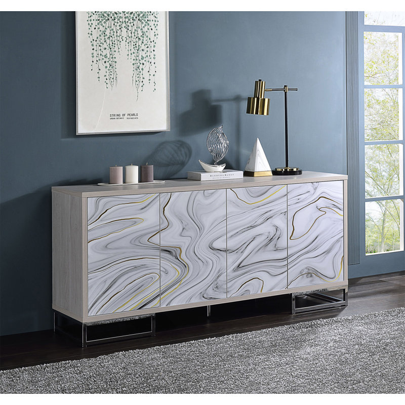Armoire console Panos avec peinture en marbre blanc et finition chromée, parfaite pour une élégance moderne et un rangement efficace.