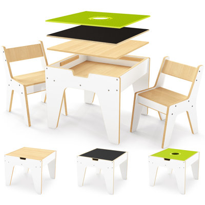 Building Blocks Construction Sensory Table with 2 Reversible Boards,Kids Activity Table and 2 Chairs with Building block table board,Multifunctional Toddler Table with Storage 