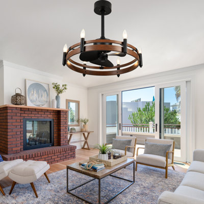 24" 6-Light Farmhouse Wagon Wheel Ceiling Fan With Light And Remote, Modern Reversible DC Motor Smart Chandelier Ceiling Fan