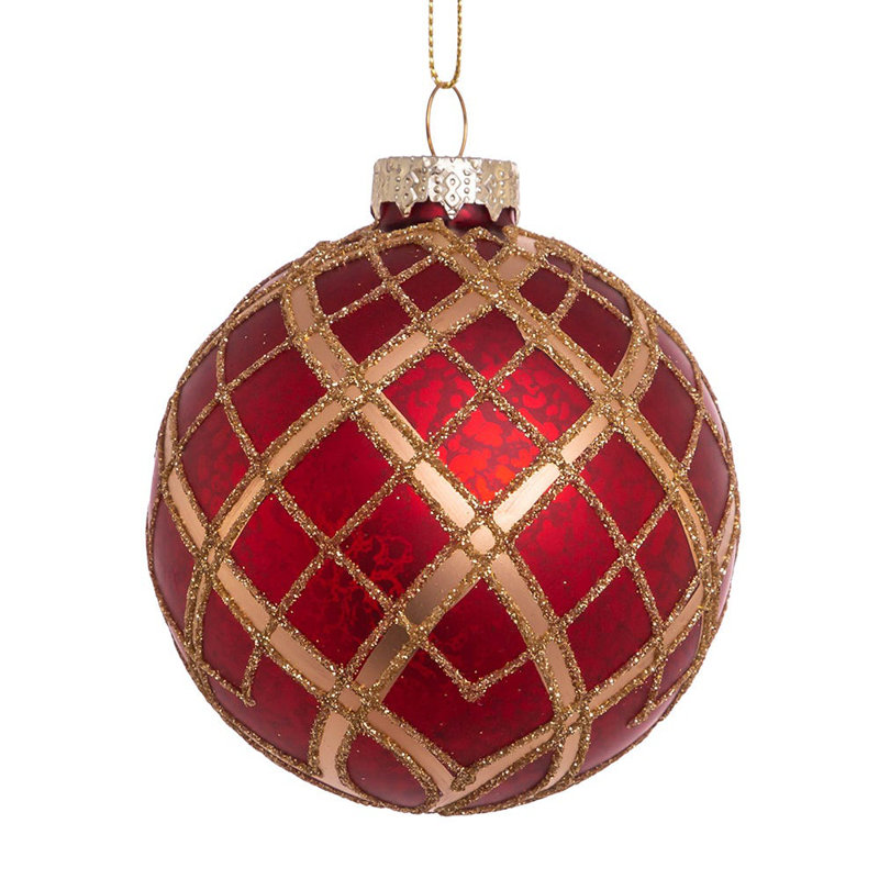 3.15'' Plaid Glass Christmas Ball Ornament, Red/Gold Plaid