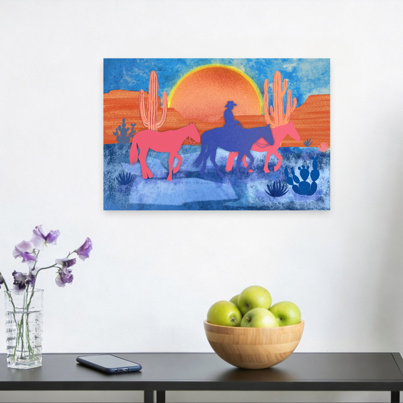 «Cowboy Desert Journey», art contemporain abstrait cheval de cactus au coucher du soleil, H 12 po x l 18 po