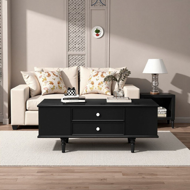 Modern Black Rectangle Coffee Table with 4 Drawers and Hidden Storage, 47.2 Inch - Solid Wood Legs for Versatile Home Décor